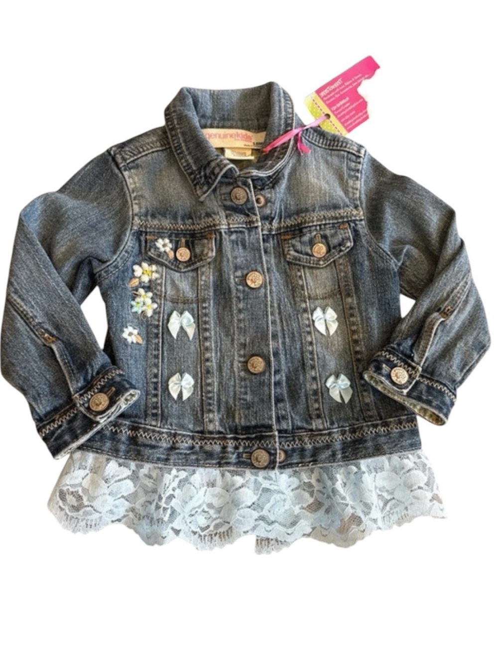 Girls' reworked Denim Jacket with Lace Hem and Embroidery - Blue